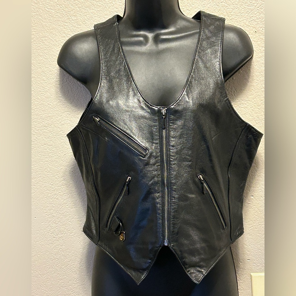 Harley-Davidson Black Leather Zip Front Lace Back Motorcycle Biker Vest Women's